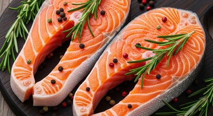 Two Fresh Salmon Steaks Garnished with Rosemary and Peppercorns