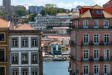 Porto historical houses along the Douro River bank aerial view Porto Portugal