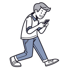 Young man walking while looking at his phone cartoon male character
