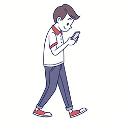 Young man walking while looking at his phone mobile technology