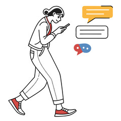 Woman walking and texting with chat bubbles phone messages