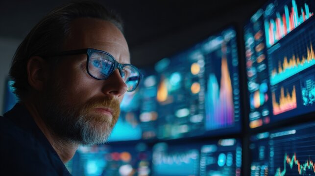 A middle-aged Caucasian man with glasses analyzes data on multiple screens displaying graphs and statistics in a dark office environment.