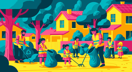 Illustration of a diverse community of adults and children participating in a neighborhood cleanup event.