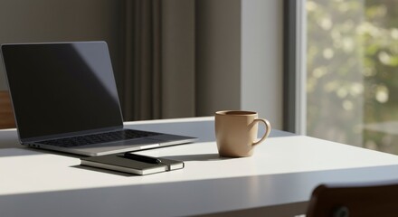A desk scene with a laptop mug notebook and pen bathed in sunlight A window offers a blurry outdoor view
