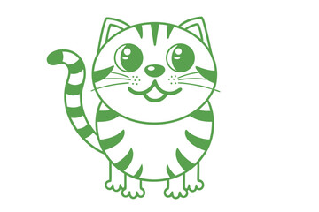 Smiling green outline cartoon cat stands cheerfully, showcasing stripes and big eyes