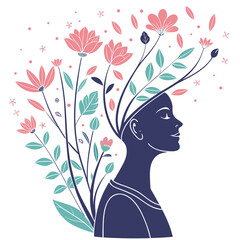 Woman silhouette with blooming flowers and leaves profile head