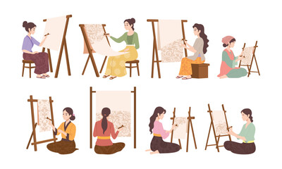 Women making batik clothes paintings vector illustration set