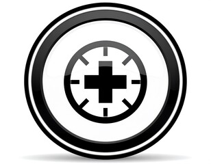 Obraz premium Black and White Circular Icon with a Plus Sign and Target-like Markings.