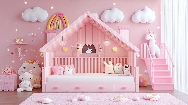 pastel pink children's bed shaped like a house frame with pitched roof, 200cm long and 120cm wide, recessed white mattress, front safety rail with vertical 