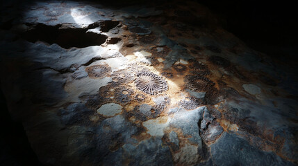 Fossilized microbial patterns glow in ancient rock, lit by primal sunlight.