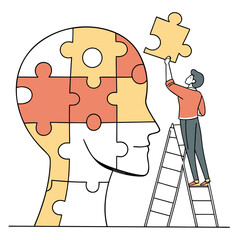 Fototapeta premium Man assembling giant head puzzle on white background ladder solution