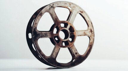 Obraz premium Vintage film reel showing age and wear on white background