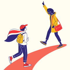 Fototapeta premium Two people walking on a path with colorful outfits flat design illustration