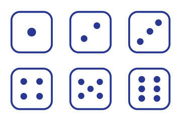 Dice graphic icon. White, Blue game dice cubes from one to six dots. Gambling objects to play in casino, poker. Six faces of cube. Traditional die with numbers of dots from 1 to 6. Vector.