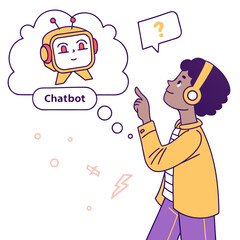 Man with headphones points at chatbot in thought bubble thinking technology