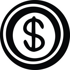 Bold black and white icon of a dollar coin symbol representing finance and wealth