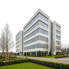 Modern white office building with large windows isolated on transparent background