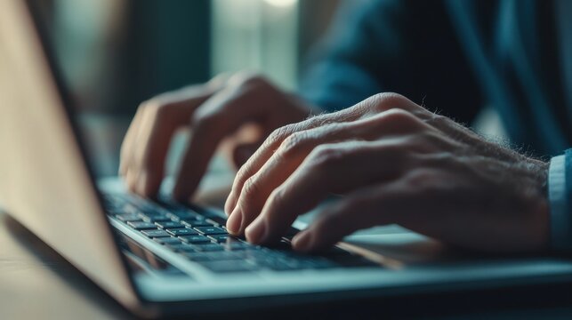 Focused older man typing on laptop in home office during daytime