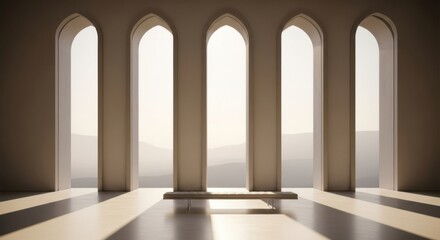 Sunlight Streams Through Grand Arches Creating Dramatic Shadows on the Floor