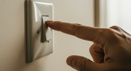 A hand flips a light switch mounted on a wall