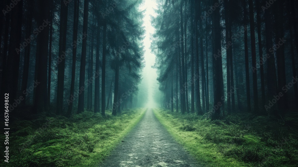 Poster Misty forest path surrounded by tall trees in tranquil setting