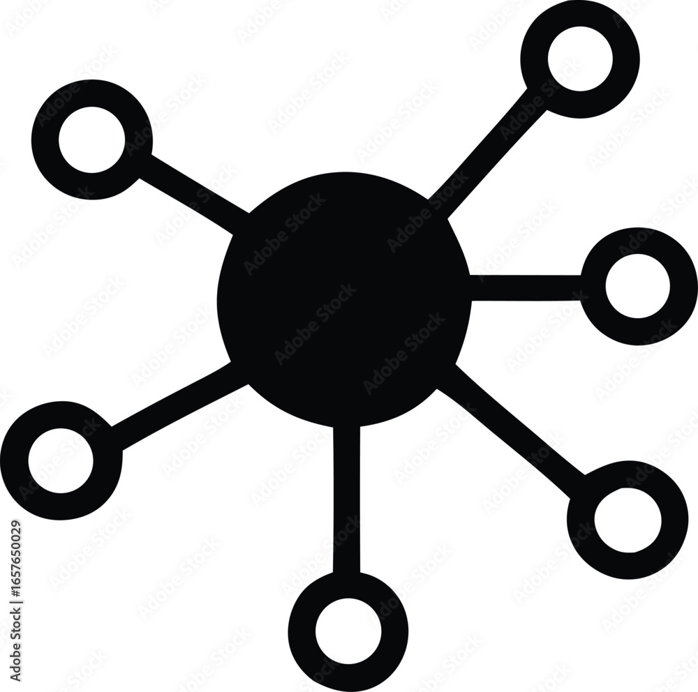 Poster Abstract black and white icon representing a central node connected to multiple outward branches symbolizing network or connection