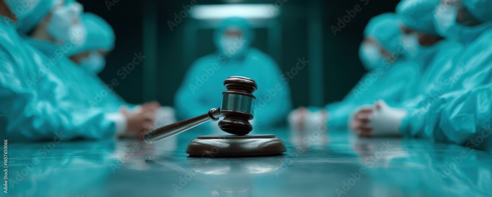 Poster close-up of a microscope on a laboratory bench with scientific equipment and colorful liquids in the