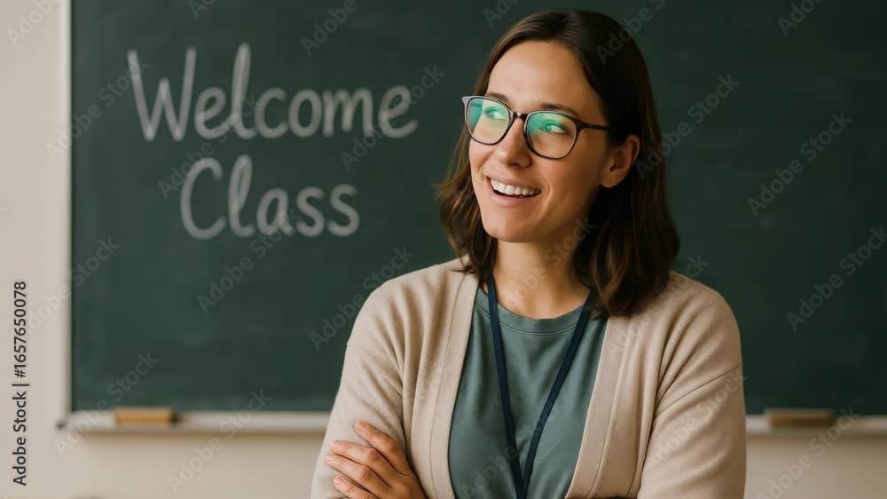 Poster a smiling teacher stands confidently in front of a chalkboard with 'welcome class' written on it. th