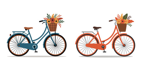 Naklejka premium Vector art of two vintage bicycles with flower baskets autumn vector clipart