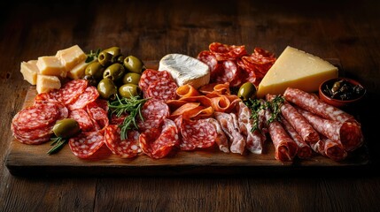 Photorealistic product photography of a rustic Italian antipasto board with cured meats, salami, and assorted cheeses, arranged artfully on a wooden 