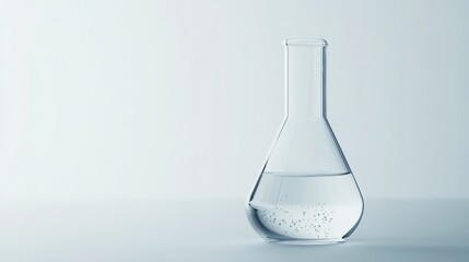 Glass Erlenmeyer flask with clear liquid and bubbles in lab