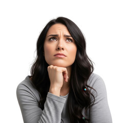 Woman with hand on chin looking up in thought isolated on transparent background