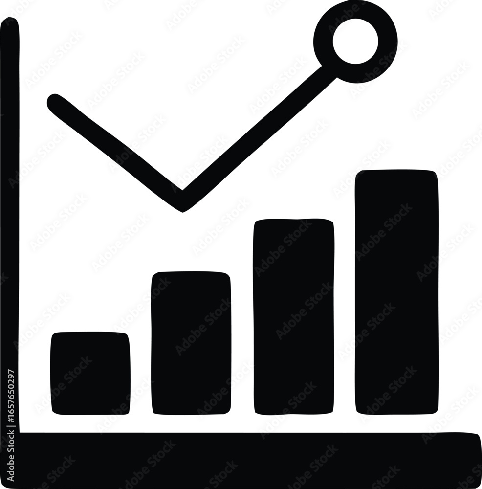 Poster hand drawn bar chart with an upward trending line graph showing positive growth and increasing data 