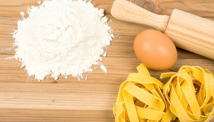 Flat lay photo of homemade pasta ingredients with flour, eggs, and rolling pin, highlighting Italian cuisine, traditional cooking, rustic food styling, authentic recipe, and gourmet preparation.