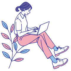 Young woman typing on laptop with plants student remote work