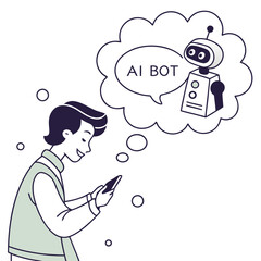 Person thinking about robot interaction on phone vector
