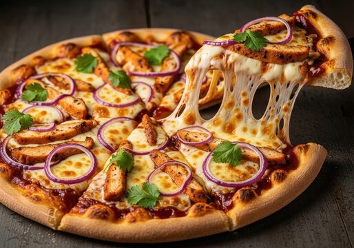 BBQ chicken pizza slice lift with cheese pull — red onion, cilantro, mozzarella - Powered by Adobe