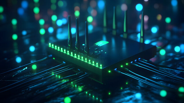 Advanced networking router with glowing green lights and multiple antennas, symbolizing connectivity and data flow.