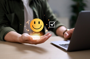 Customer Satisfaction Survey (CSAT) Concept "Smiley Face" Icon with Check Mark Customer Satisfaction Score