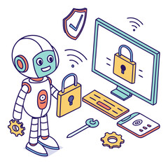 Cute robot protecting digital data with locks and shield technology cybersecurity
