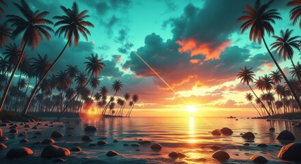 Breathtaking Tropical Sunset Over the Ocean with Palm Trees