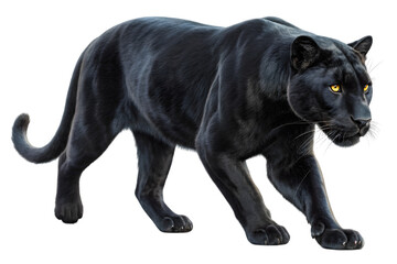 Majestic black panther prowls gracefully with intense yellow eyes in the shadows hunting