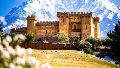 A magnificent stone castle stands tall against a backdrop of snow-capped mountains, bathed in sunlight.