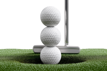 Stack of golf balls on green surface with putter ready for precise shot in competitive game setup on transparent background