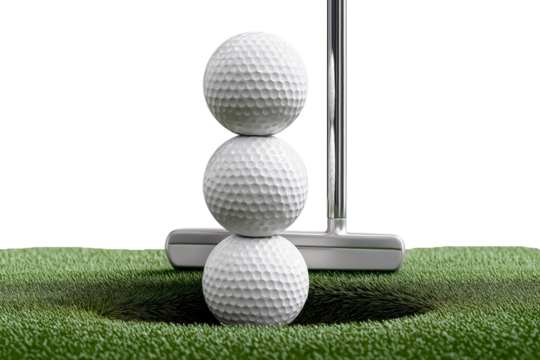 Stack of golf balls on green surface with putter ready for precise shot in competitive game setup on transparent background