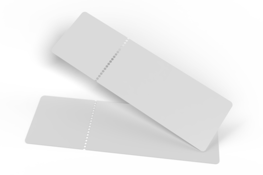3D Realistic empty event tickets mockup isolated on background. Blank template for showcasing your ticket, train, raffle, carnival, concert, festival, lottery, coupon, theatre or airplane pass label.