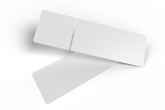 3D Realistic empty event tickets mockup isolated on background. Blank template for showcasing your ticket, train, raffle, carnival, concert, festival, lottery, coupon, theatre or airplane pass label.
