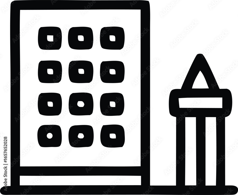 Poster stylized icon of a modern building with multiple windows and a pedestal with a triangular top
