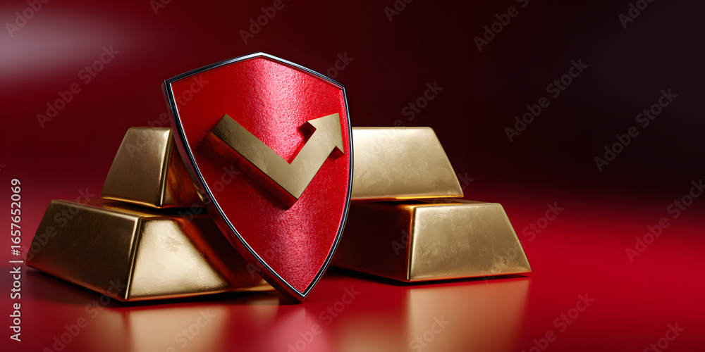 Poster red shield with checkmark symbol placed on golden bars, indicating security and approval in financia