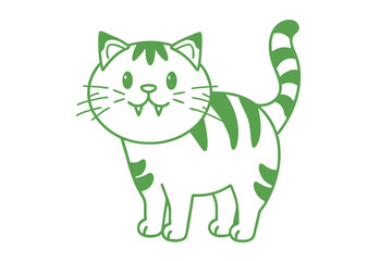 Striped green feline with pointy teeth stands confidently on a pure white canvas